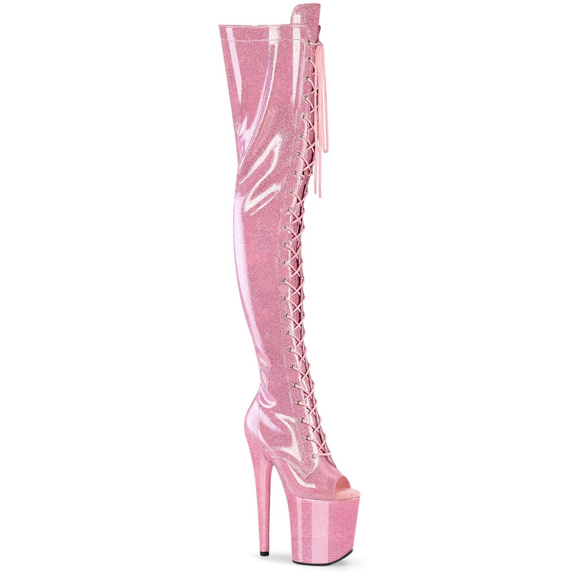 Product image of Pleaser FLAMINGO-3021GP B. Pink Glitter Pat/M 8 Inch Heel 4 Inch PF Peep Toe Lace-Up Thigh Boot Side Zip