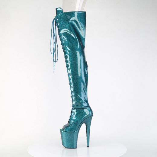 Product image of Pleaser FLAMINGO-3021GP Teal Glitter Pat/M 8 Inch Heel 4 Inch PF Peep Toe Lace-Up Thigh Boot Side Zip