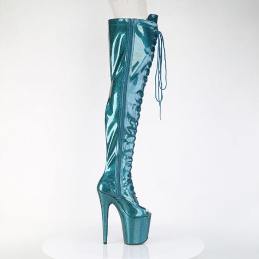 Product image of Pleaser FLAMINGO-3021GP Teal Glitter Pat/M 8 Inch Heel 4 Inch PF Peep Toe Lace-Up Thigh Boot Side Zip