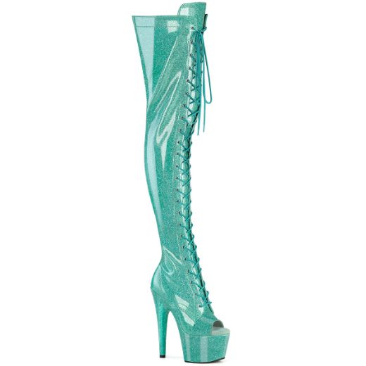 Product image of Pleaser ADORE-3021GP Aqua Glitter Pat/M 7 Inch Heel 2 3/4 Inch PF Peep Toe Lace-Up Thigh Boot Side Zip