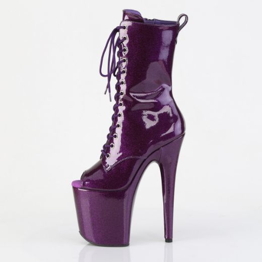 Product image of Pleaser FLAMINGO-1041GP Purple Glitter Pat/M 8 Inch Heel 4 Inch PF Peep Toe Lace-Up Ankle Boot Side Zip