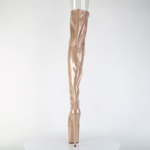 Product image of Pleaser FLAMINGO-3021GP Gold Glitter Pat/M 8 Inch Heel 4 Inch PF Peep Toe Lace-Up Thigh Boot Side Zip