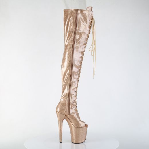 Product image of Pleaser FLAMINGO-3021GP Gold Glitter Pat/M 8 Inch Heel 4 Inch PF Peep Toe Lace-Up Thigh Boot Side Zip