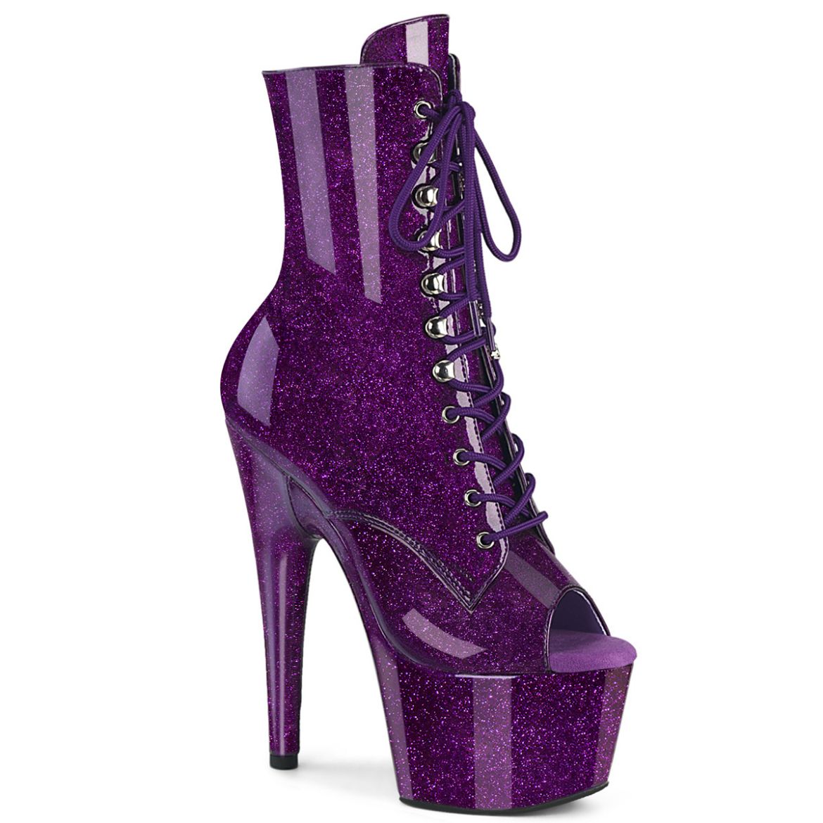 Product image of Pleaser ADORE-1021GP Purple Glitter Pat/M 7 Inch Heel 2 3/4 Inch PF Peep Toe Lace-Up Ankle Boot Side Zip