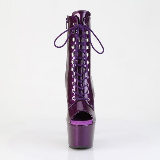 Product image of Pleaser ADORE-1021GP Purple Glitter Pat/M 7 Inch Heel 2 3/4 Inch PF Peep Toe Lace-Up Ankle Boot Side Zip