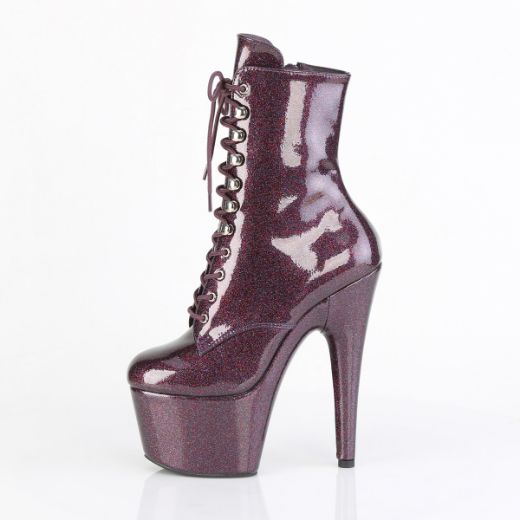 Product image of Pleaser ADORE-1020GP Eggplant Glitter Pat/M 7 Inch Heel 2 3/4 Inch PF Lace-Up Front Ankle Boot Side Zip