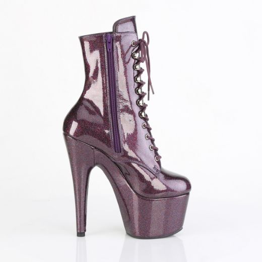 Product image of Pleaser ADORE-1020GP Eggplant Glitter Pat/M 7 Inch Heel 2 3/4 Inch PF Lace-Up Front Ankle Boot Side Zip