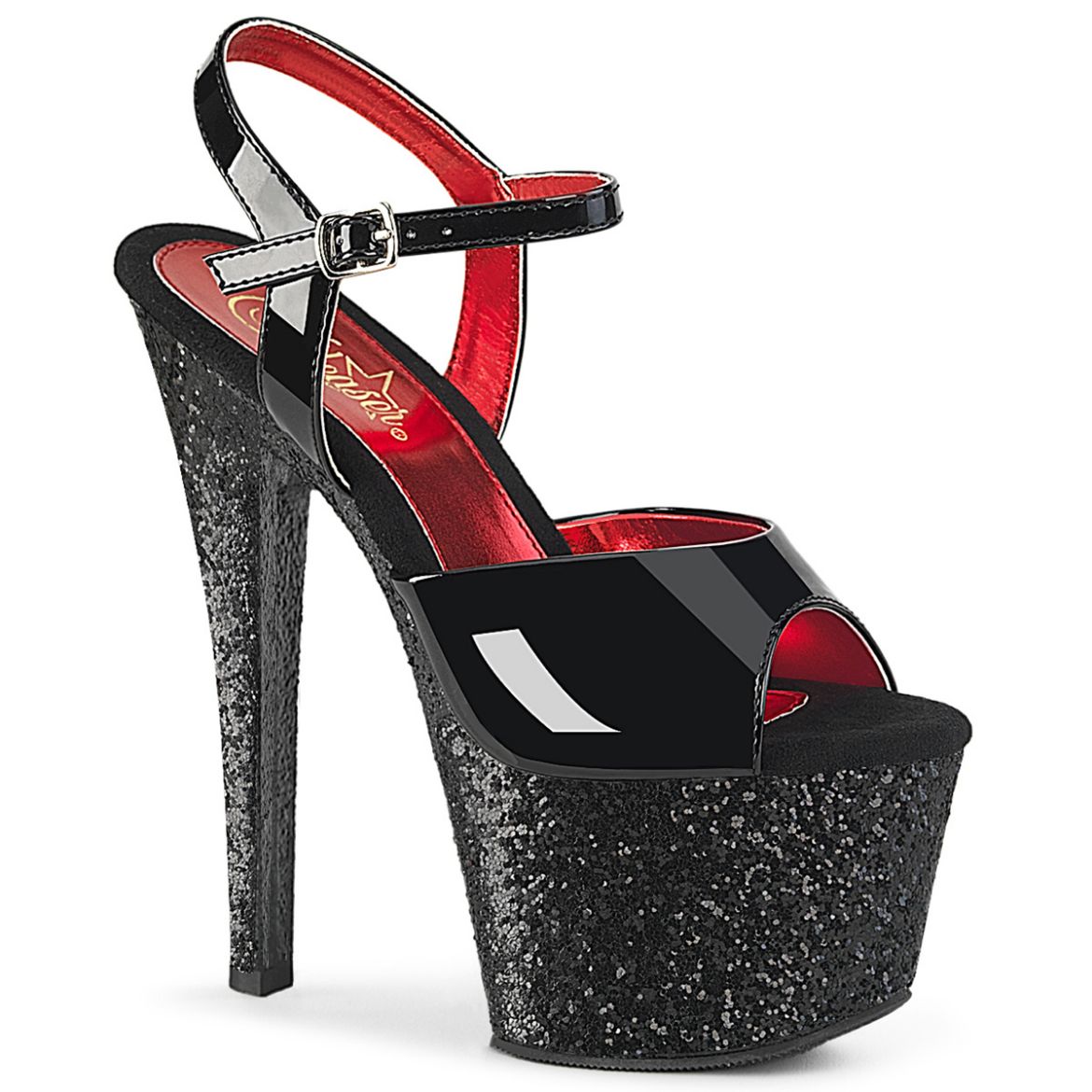 Product image of Pleaser SKY-309 Blk Pat/Blk Glitter **7 Inch Heel 2 3/4 Inch PF Two Tone Ankle Strap Sandal