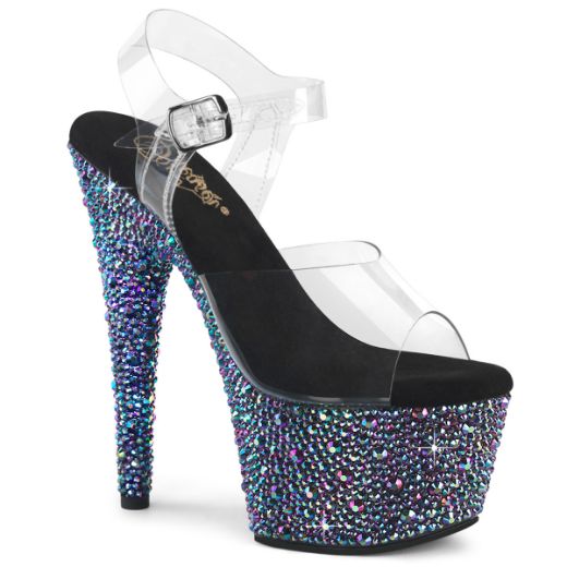 Product image of Pleaser BEJEWELED-708MS Clr/Blk Multi RS 7 Inch Heel 2 3/4 Inch PF Ankle Strap Sandal w/Multi Sized RS