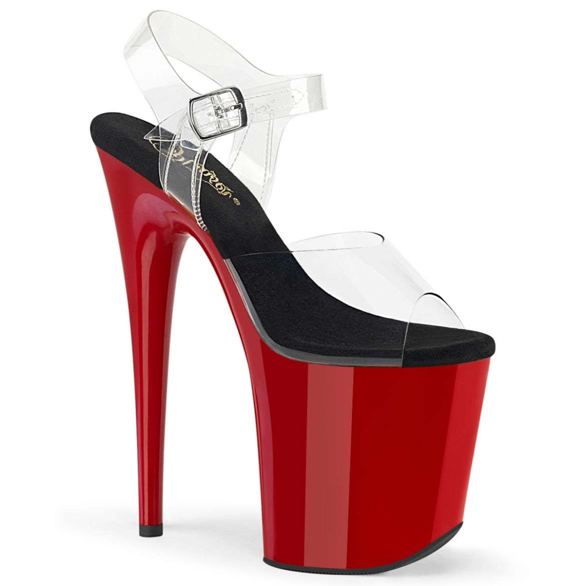Product image of Pleaser FLAMINGO-808 Clr-Blk/Red 8 Inch Heel 4 Inch PF Ankle Strap Sandal