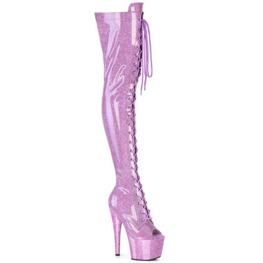 Product image of Pleaser ADORE-3021GP Lilac Glitter Pat/M 7 Inch Heel 2 3/4 Inch PF Peep Toe Lace-Up Thigh Boot Side Zip