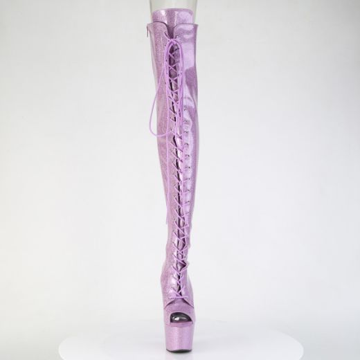 Product image of Pleaser ADORE-3021GP Lilac Glitter Pat/M 7 Inch Heel 2 3/4 Inch PF Peep Toe Lace-Up Thigh Boot Side Zip