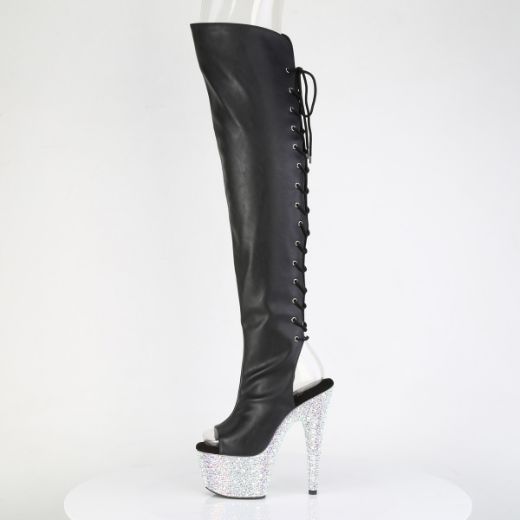 Product image of Pleaser BEJEWELED-3019MS-7 Blk Faux Leather/Slv AB RS 7 Inch Heel 2 3/4 Inch PF Open Toe/Back Over-The-Knee Boot w/RS