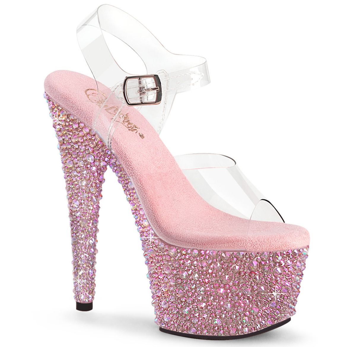 Product image of Pleaser BEJEWELED-708MS Clr/B. Pink Multi RS 7 Inch Heel 2 3/4 Inch PF Ankle Strap Sandal w/Multi Sized RS
