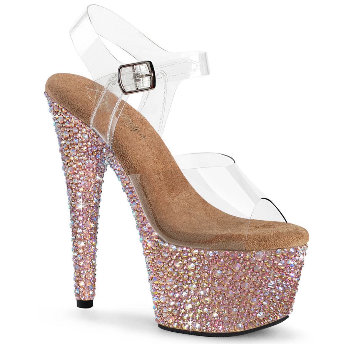 Product image of Pleaser BEJEWELED-708MS Clr/Rose Gold Multi RS 7 Inch Heel 2 3/4 Inch PF Ankle Strap Sandal w/Multi Sized RS