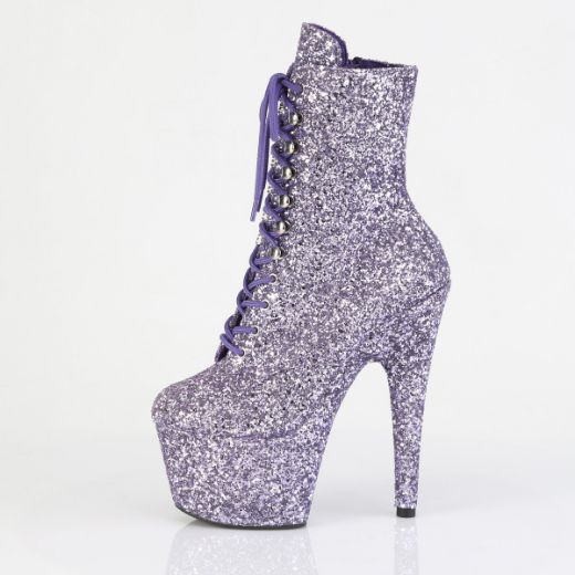 Product image of Pleaser ADORE-1020GWR Lilac Glitter/Lilac Glitter 7 Inch Heel 2 3/4 Inch PF Lace-Up Glitter Ankle Boot Side Zip