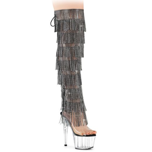 Pleaser ADORE-3019C-RSF Clr-Blk/Clr 7 Inch Heel 2 3/4 Inch PF 8-Layer  Fringe OTK Boot Side Zip