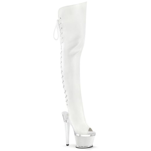 Product image of Pleaser SPECTATOR-3030 Wht Faux Leather/Clr-Wht Matte 7 Inch Heel 3 Inch Textured PF Lace-Up Back Thigh Boot Side Zip