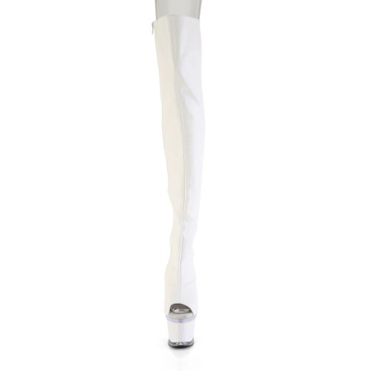 Product image of Pleaser SPECTATOR-3030 Wht Faux Leather/Clr-Wht Matte 7 Inch Heel 3 Inch Textured PF Lace-Up Back Thigh Boot Side Zip
