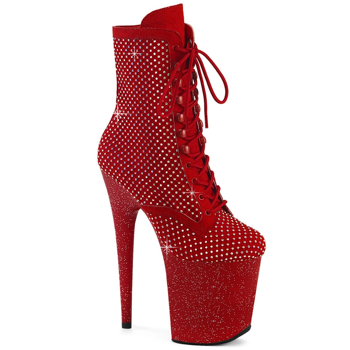 Product image of Pleaser FLAMINGO-1020RM Red Faux Suede-RS Mesh/Red Matte 8 Inch Heel 4 Inch PF Lace-Up RS Mesh Ankle Boot Side Zip
