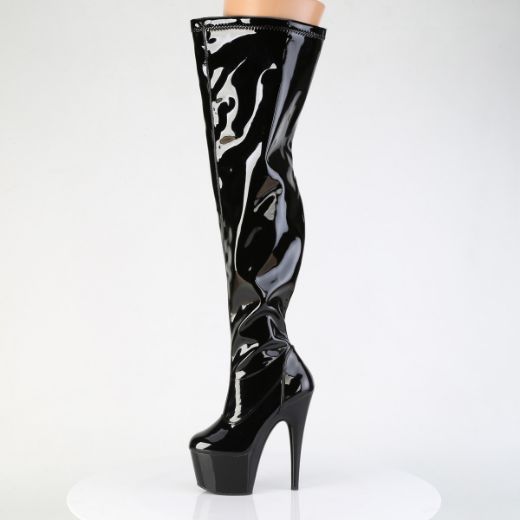 Product image of Pleaser ADORE-3000WCF Blk Str. Pat/Blk 7 Inch Heel 2 3/4 Inch PF Wide Calf Stretch Thigh Boot Side Zip