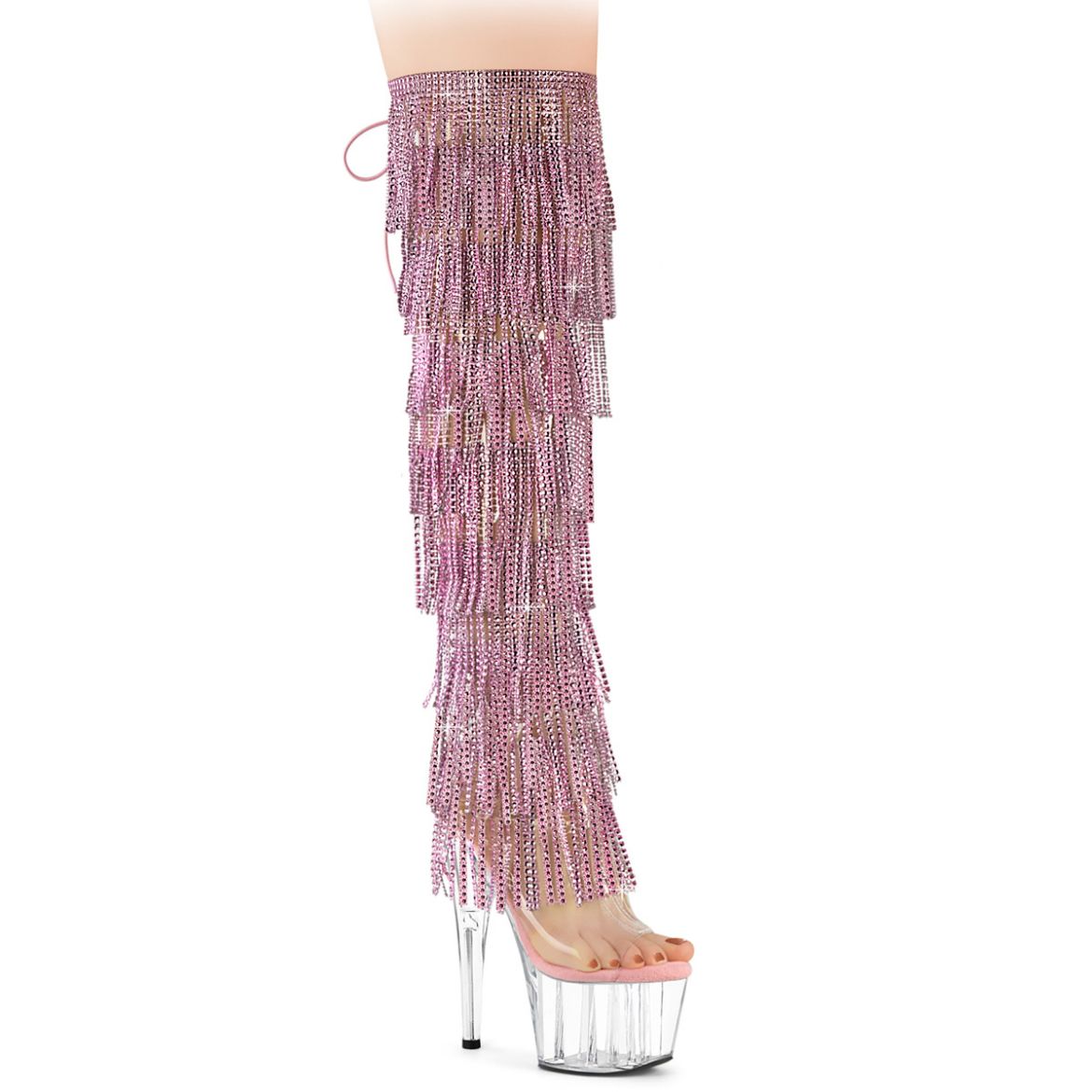Product image of Pleaser ADORE-3019C-RSF Clr-B. Pink/Clr 7 Inch Heel 2 3/4 Inch PF 8-Layer Fringe OTK Boot Side Zip