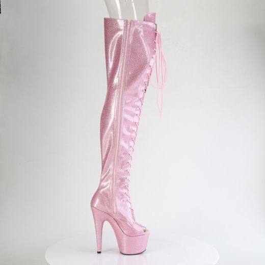 Product image of Pleaser ADORE-3021GP B. Pink Glitter Pat/M 7 Inch Heel 2 3/4 Inch PF Peep Toe Lace-Up Thigh Boot Side Zip