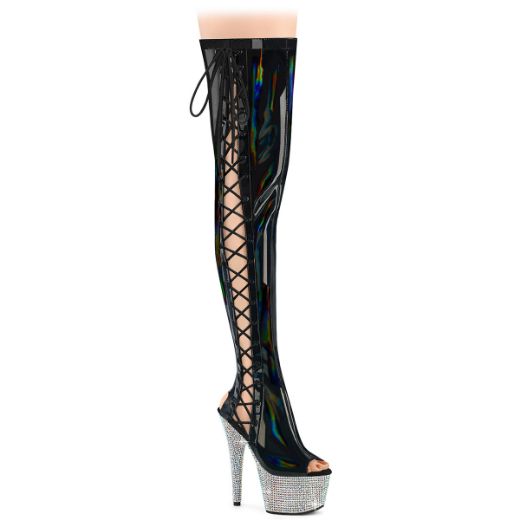 Product image of Pleaser BEJEWELED-3052HG-7 Blk Holo Pat/Slv Multi RS 7 Inch Heel 2 3/4 Inch PF Open Toe/Back Side Lace Thigh Boot w/RS