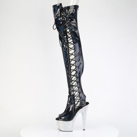 Product image of Pleaser BEJEWELED-3052HG-7 Blk Holo Pat/Slv Multi RS 7 Inch Heel 2 3/4 Inch PF Open Toe/Back Side Lace Thigh Boot w/RS