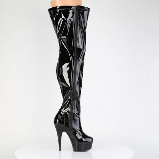 Product image of Pleaser DELIGHT-3000WCF Blk Str. Pat/Blk 6 Inch  Heel 1 3/4 Inch PF Wide Calf Stretch Thigh Boot Side Zip