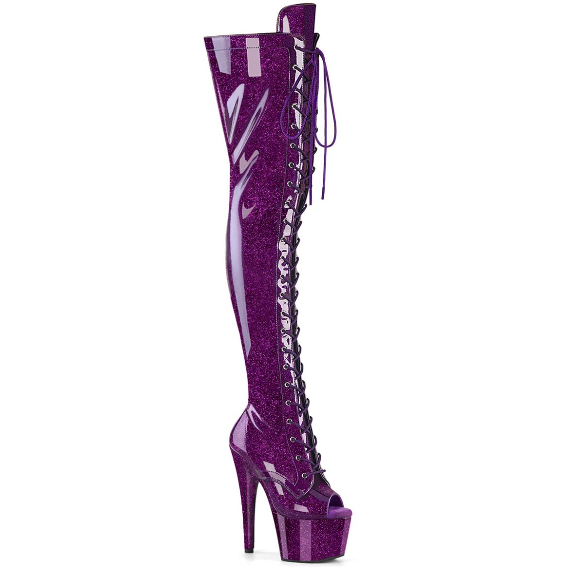 Product image of Pleaser ADORE-3021GP Purple Glitter Pat/M 7 Inch Heel 2 3/4 Inch PF Peep Toe Lace-Up Thigh Boot Side Zip