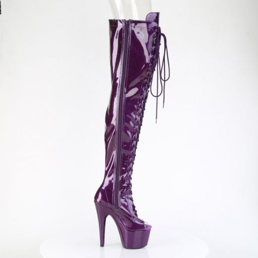 Product image of Pleaser ADORE-3021GP Purple Glitter Pat/M 7 Inch Heel 2 3/4 Inch PF Peep Toe Lace-Up Thigh Boot Side Zip