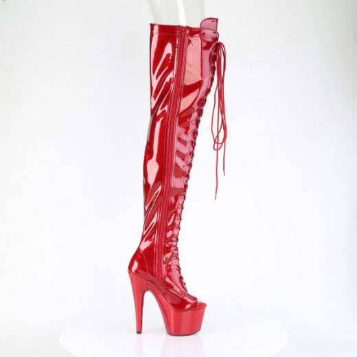 Product image of Pleaser ADORE-3021GP Red Glitter Pat/M 7 Inch Heel 2 3/4 Inch PF Peep Toe Lace-Up Thigh Boot Side Zip