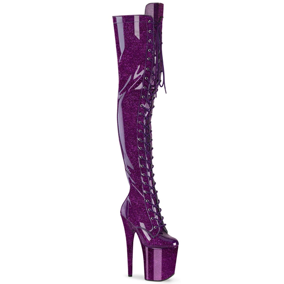 Product image of Pleaser FLAMINGO-3020GP Purple Glitter Pat/M 8 Inch Heel 4 Inch PF Lace-Up Stretch Thigh Boot Side Zip