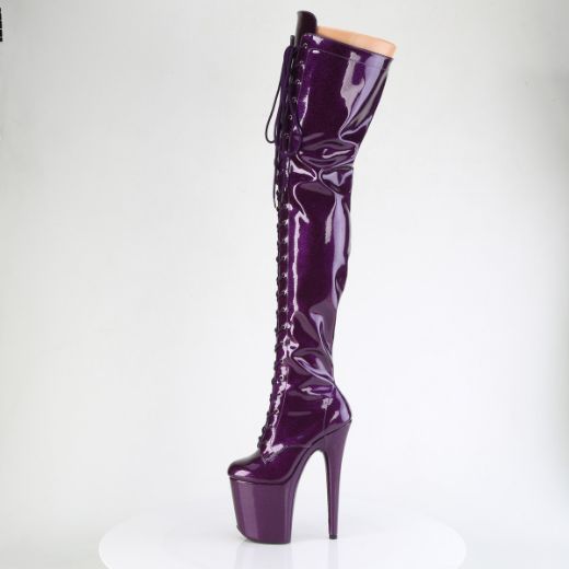 Product image of Pleaser FLAMINGO-3020GP Purple Glitter Pat/M 8 Inch Heel 4 Inch PF Lace-Up Stretch Thigh Boot Side Zip
