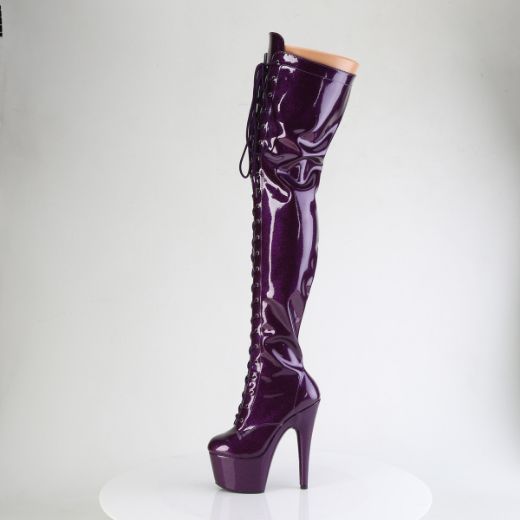Product image of Pleaser ADORE-3020GP Purple Glitter Pat/M 7 Inch Heel 2 3/4 Inch PF Lace-Up Stretch Thigh Boot Side Zip