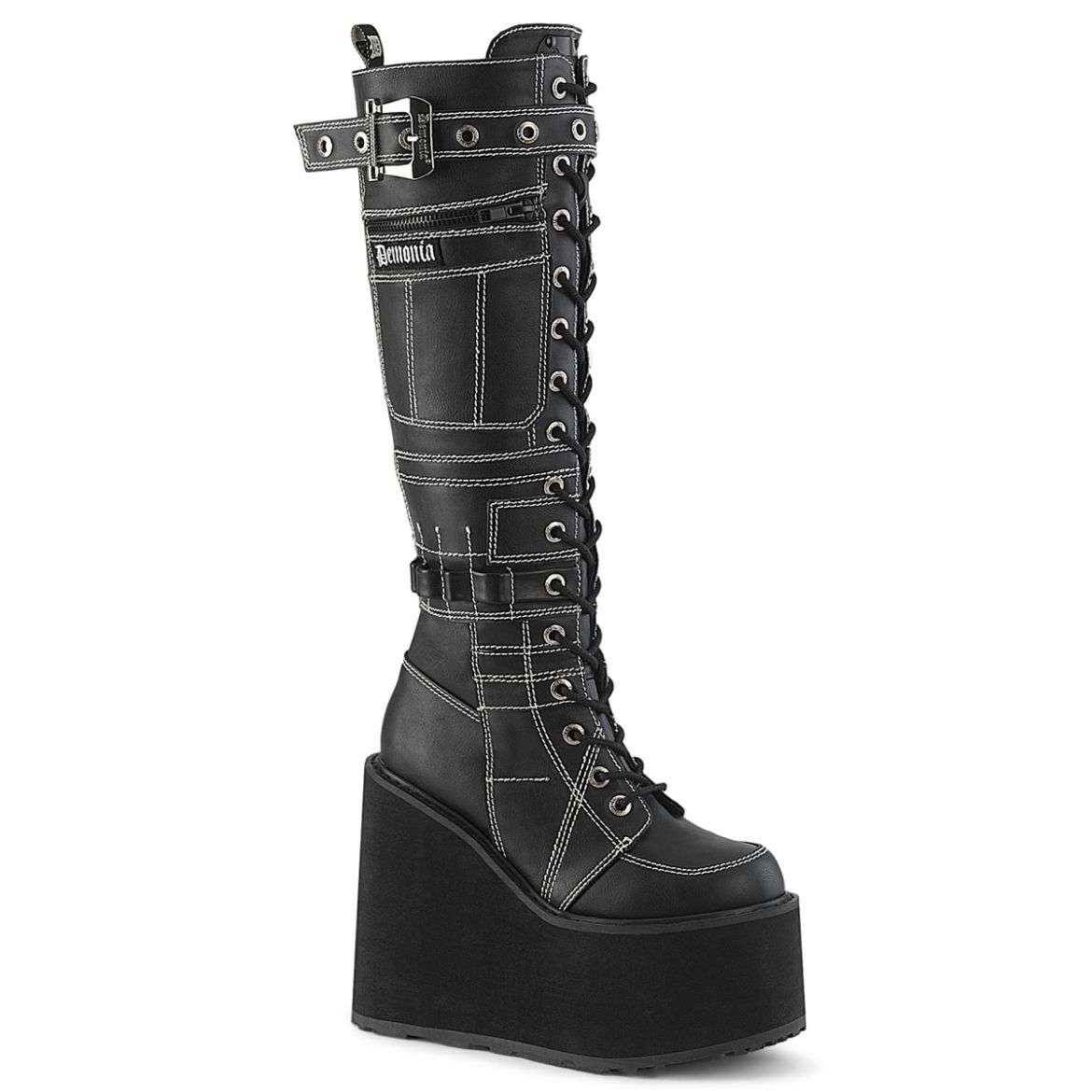Product image of Demoniacult SWING-260 Blk Vegan Leather 5 1/2 Inch PF Lace-Up Knee High Boot Side Zip