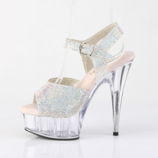 Product image of Pleaser DELIGHT-608N-RS Slv AB RS-TPU/Clr 6 Inch Heel 1 3/4 Inch PF RS Embellished Ankle Strap Sandal