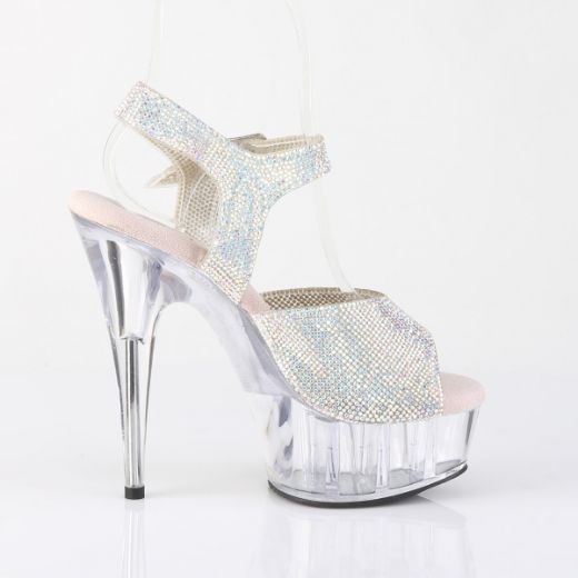 Product image of Pleaser DELIGHT-608N-RS Slv AB RS-TPU/Clr 6 Inch Heel 1 3/4 Inch PF RS Embellished Ankle Strap Sandal