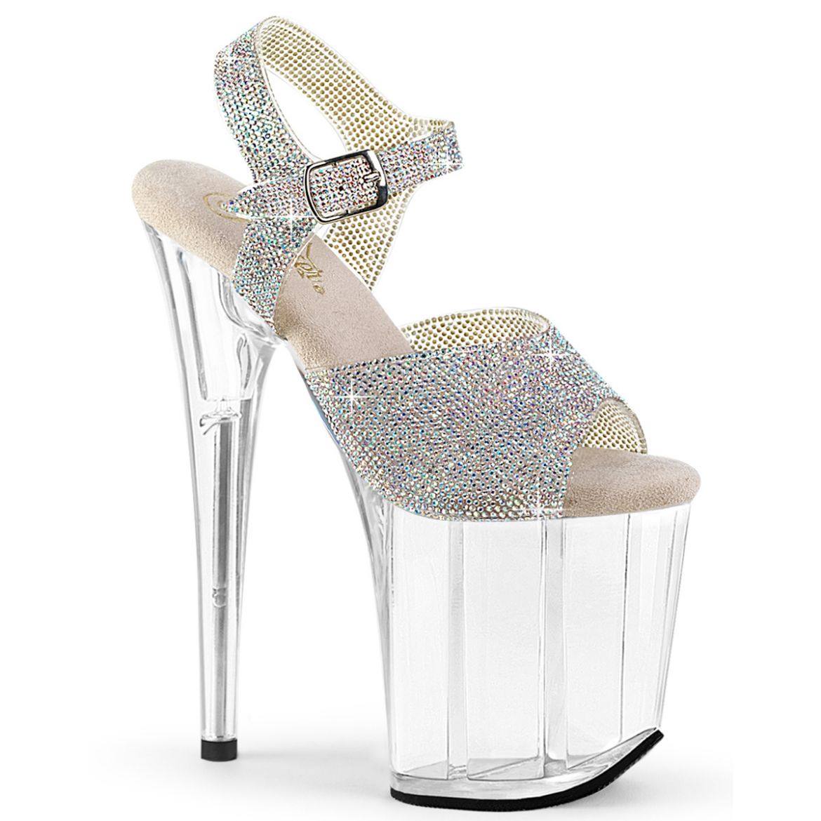 Product image of Pleaser FLAMINGO-808N-RS Slv AB RS-TPU/Clr 8 Inch Heel 4 Inch PF RS Embellished Ankle Strap Sandal