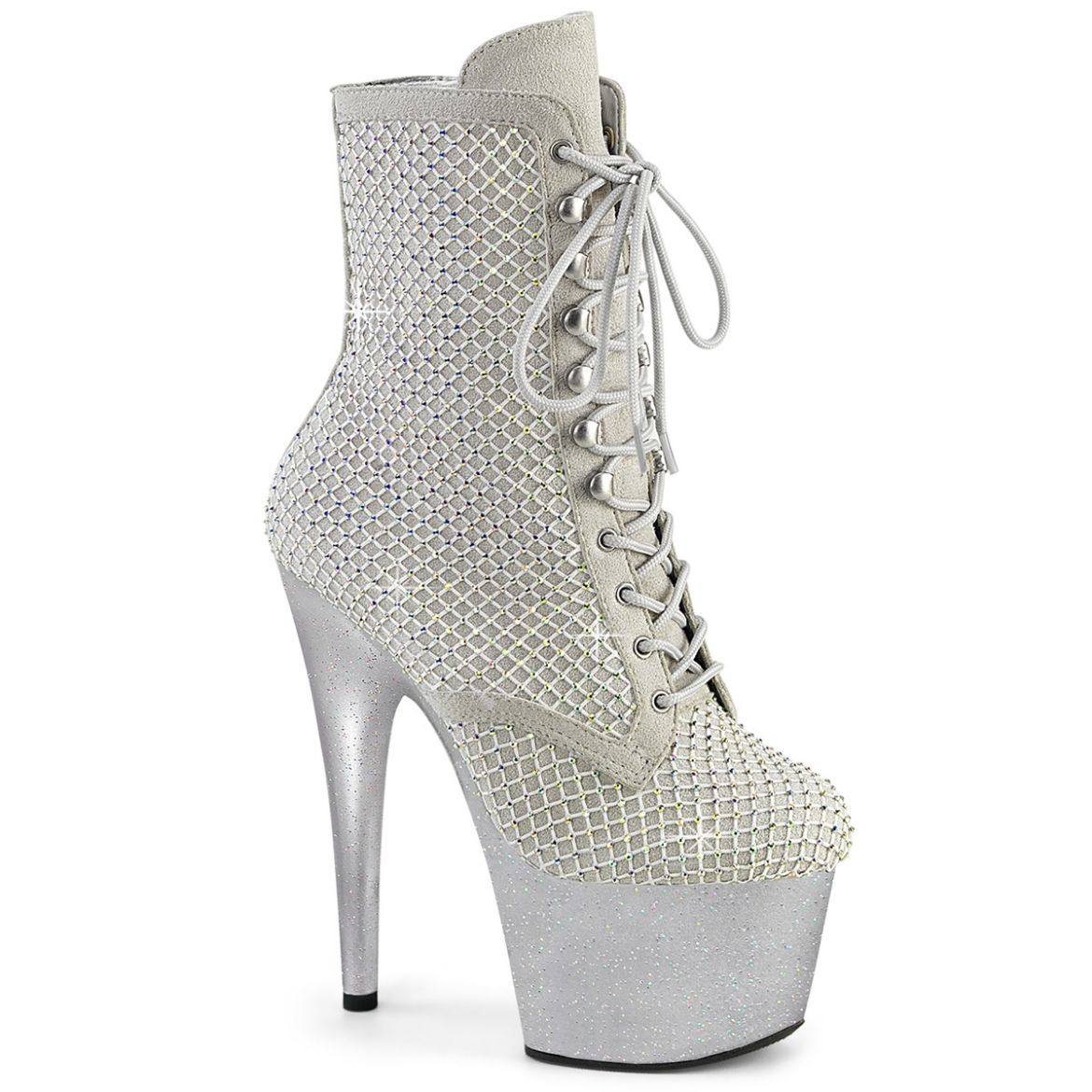 Product image of Pleaser ADORE-1020RM Silver Faux Sude-RS Mesh/Slv Matte 7 Inch Heel 2 3/4 Inch PF Lace-Up RS Mesh Ankle Boot Side Zip