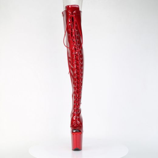 Product image of Pleaser FLAMINGO-3021GP Red Glitter Pat/M 8 Inch Heel 4 Inch PF Peep Toe Lace-Up Thigh Boot Side Zip