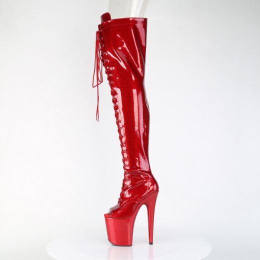 Product image of Pleaser FLAMINGO-3021GP Red Glitter Pat/M 8 Inch Heel 4 Inch PF Peep Toe Lace-Up Thigh Boot Side Zip