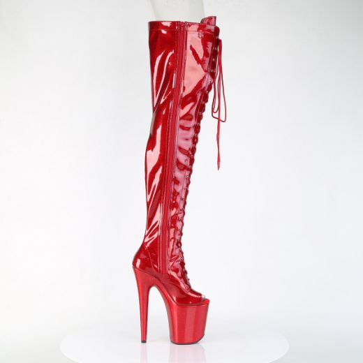 Product image of Pleaser FLAMINGO-3021GP Red Glitter Pat/M 8 Inch Heel 4 Inch PF Peep Toe Lace-Up Thigh Boot Side Zip