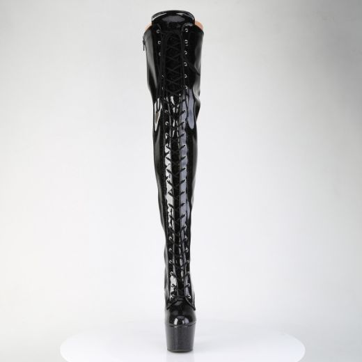 Product image of Pleaser ADORE-3020GP Blk Glitter Pat/M 7 Inch Heel 2 3/4 Inch PF Lace-Up Stretch Thigh Boot Side Zip