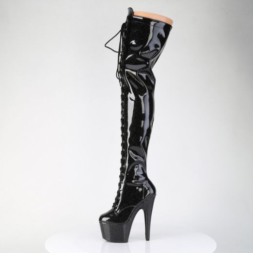 Product image of Pleaser ADORE-3020GP Blk Glitter Pat/M 7 Inch Heel 2 3/4 Inch PF Lace-Up Stretch Thigh Boot Side Zip