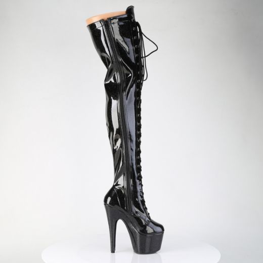 Product image of Pleaser ADORE-3020GP Blk Glitter Pat/M 7 Inch Heel 2 3/4 Inch PF Lace-Up Stretch Thigh Boot Side Zip