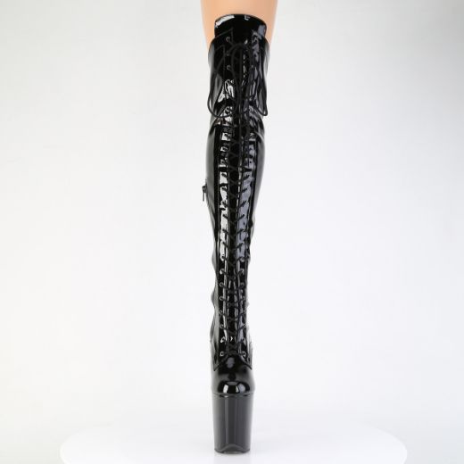 Product image of Pleaser FLAMINGO-3014 Blk Str. Pat/Blk 8 Inch Heel 4 Inch PF Lace-Up Front OTK Boot 2/3 Side Zip