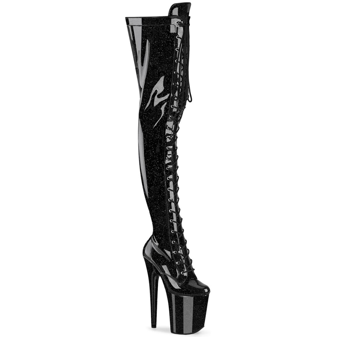 Product image of Pleaser FLAMINGO-3020GP Blk Glitter Pat/M 8 Inch Heel 4 Inch PF Lace-Up Stretch Thigh Boot Side Zip