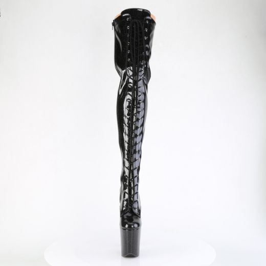 Product image of Pleaser FLAMINGO-3020GP Blk Glitter Pat/M 8 Inch Heel 4 Inch PF Lace-Up Stretch Thigh Boot Side Zip